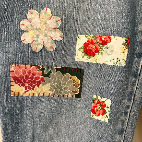 Sonoma Capri jeans, size 10 up cycled mixed media Boho, Handstitched OOAK love - Picture 7 of 10